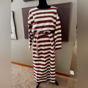 Tory Burch Striped Brown and Cream Belted Dress new with tags.